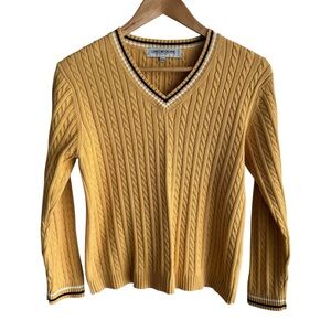 Vintage 90s Cable Knit V Neck Sweater Petite M Mustard Yellow Varsity Preppy EUC